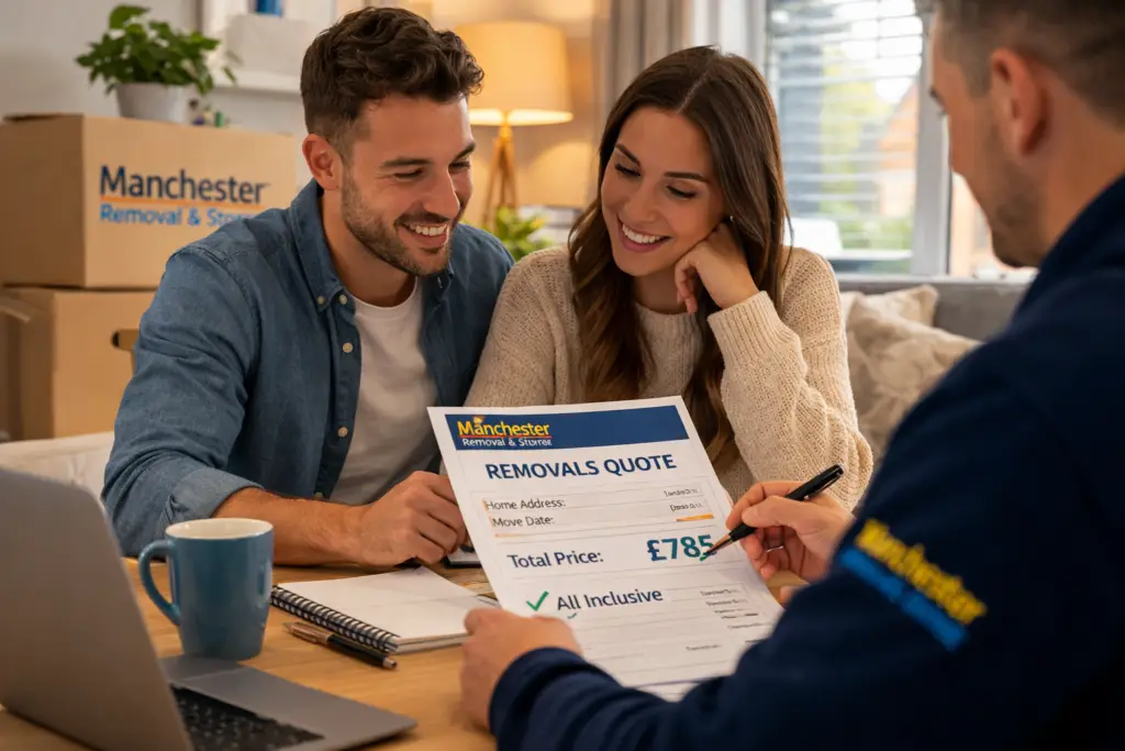 couple reviewing house removals quote in manchester